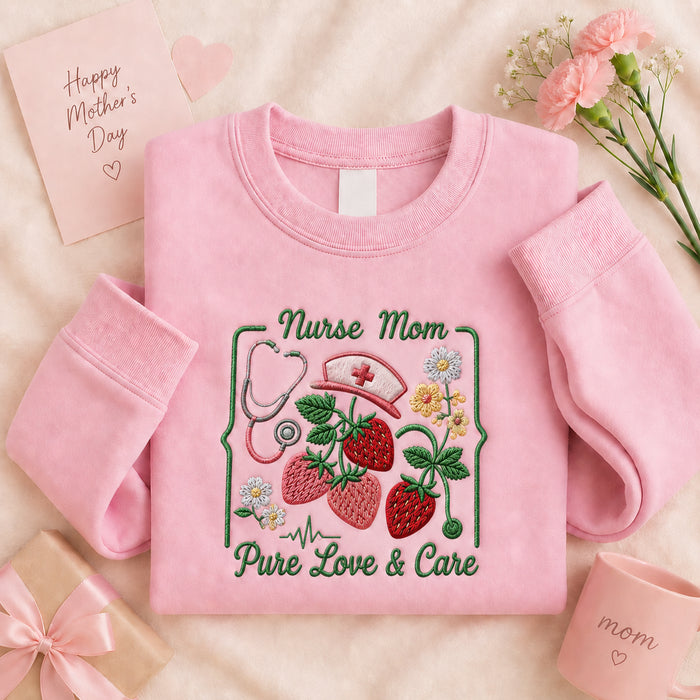 Nurse Mom Pure Love & Care Strawberry Stethoscope Floral Embroidered Sweatshirt