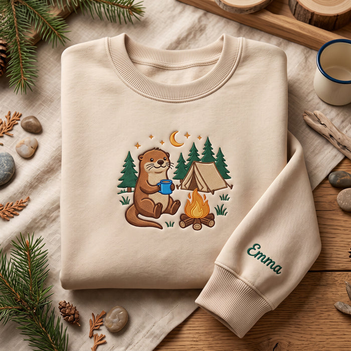 Personalized Camping Otter Campfire Tent Forest Moon Stars Embroidered Sweatshirt