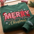 Personalized Merry Christmas Candy Cane Letters Santa Hat Bow Snowflakes embroidered sweatshirt — front view
