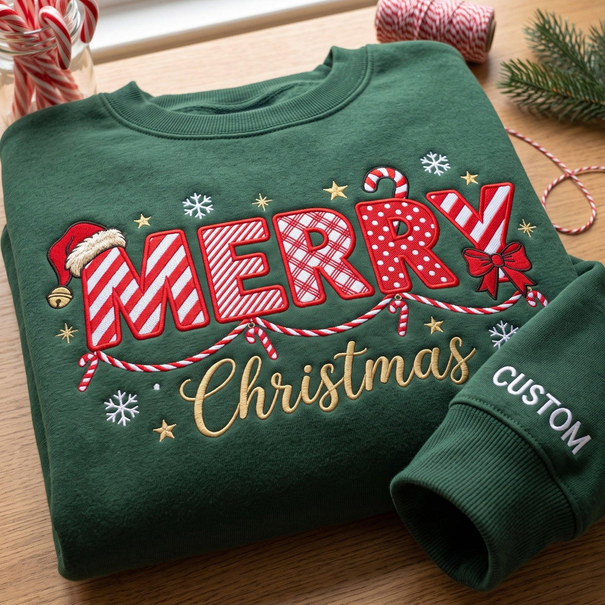 Personalized Merry Christmas Candy Cane Letters Santa Hat Bow Snowflakes embroidered sweatshirt — front view