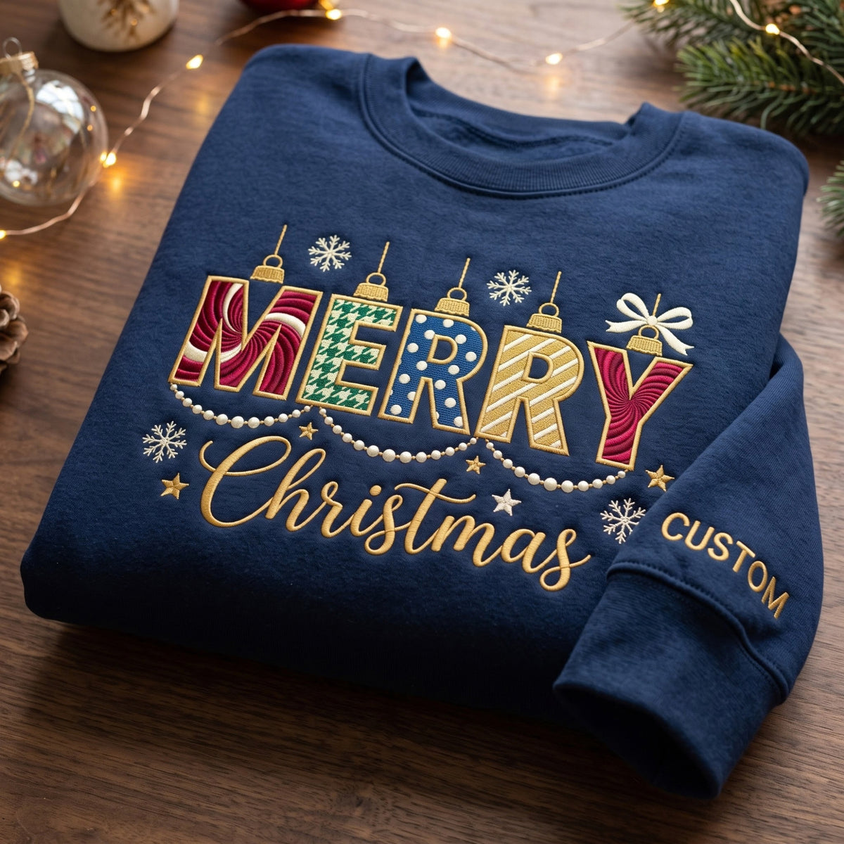 Personalized Merry Christmas Ornament Letters Snowflakes Pearl Garland Sleeve Custom embroidered sweatshirt — front view