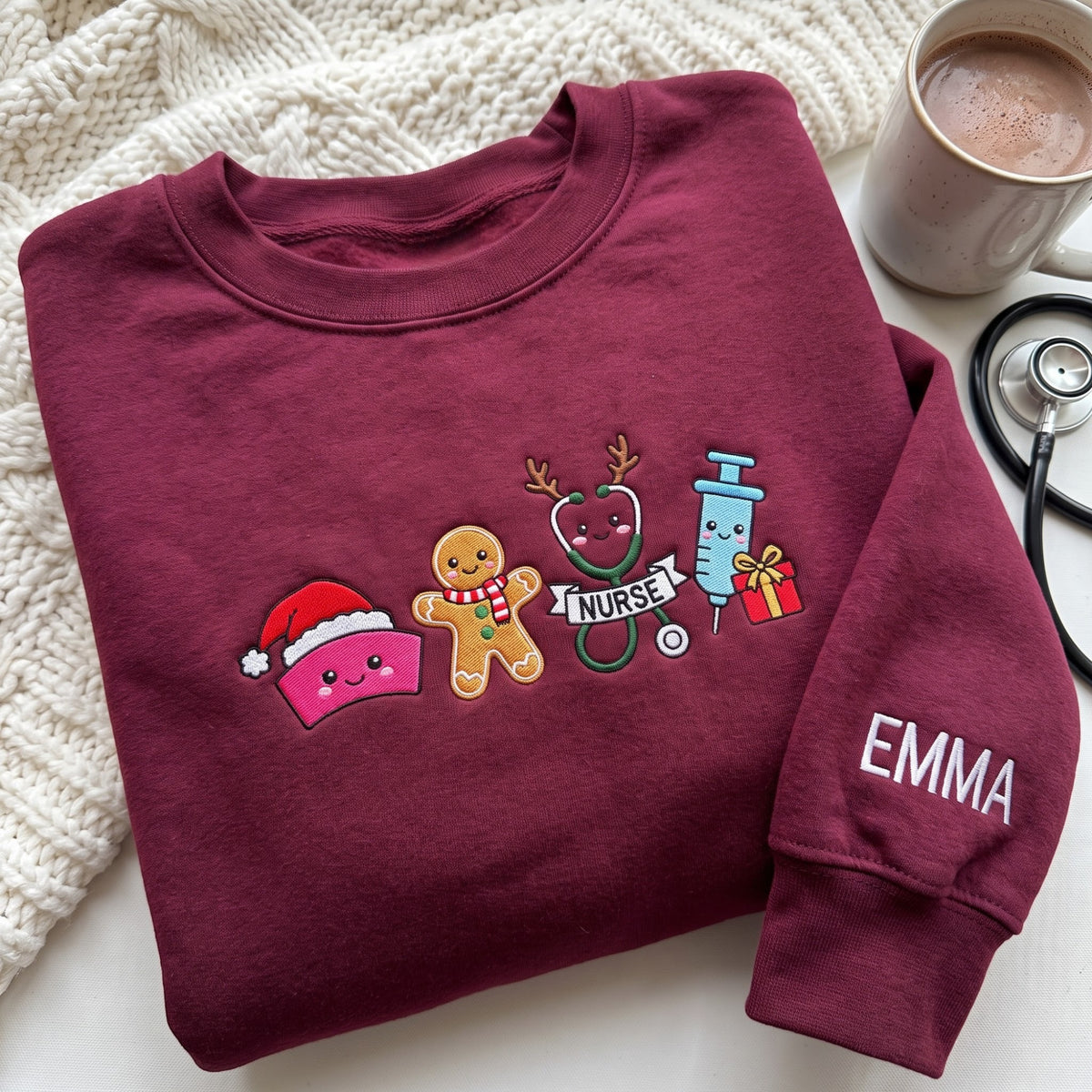 Personalized Christmas Nurse Hat Gingerbread Stethoscope Syringe Holiday embroidered sweatshirt — front view