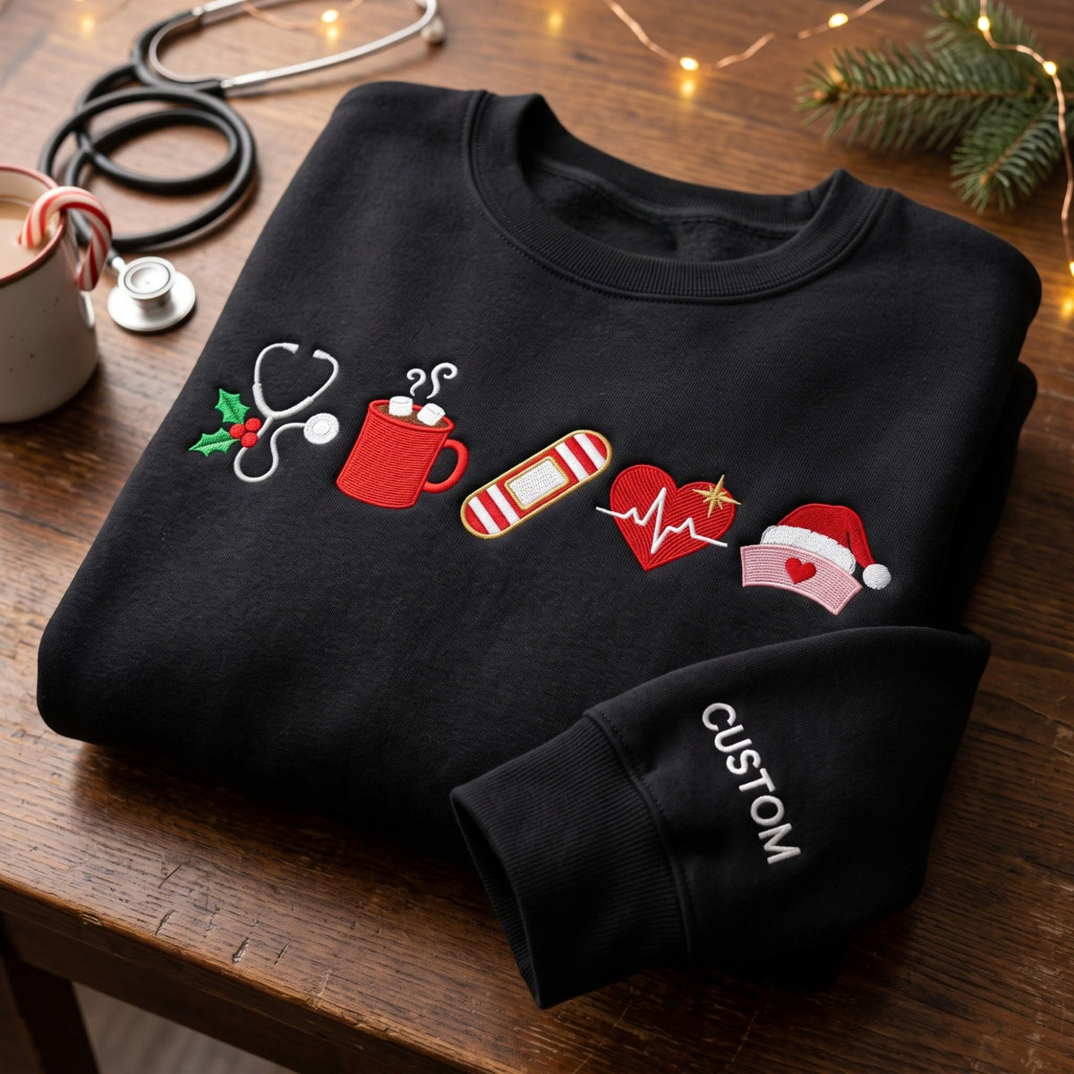 Personalized Christmas Nurse Stethoscope Holly Cocoa Bandage Heartbeat Nurse Hat embroidered sweatshirt — front view