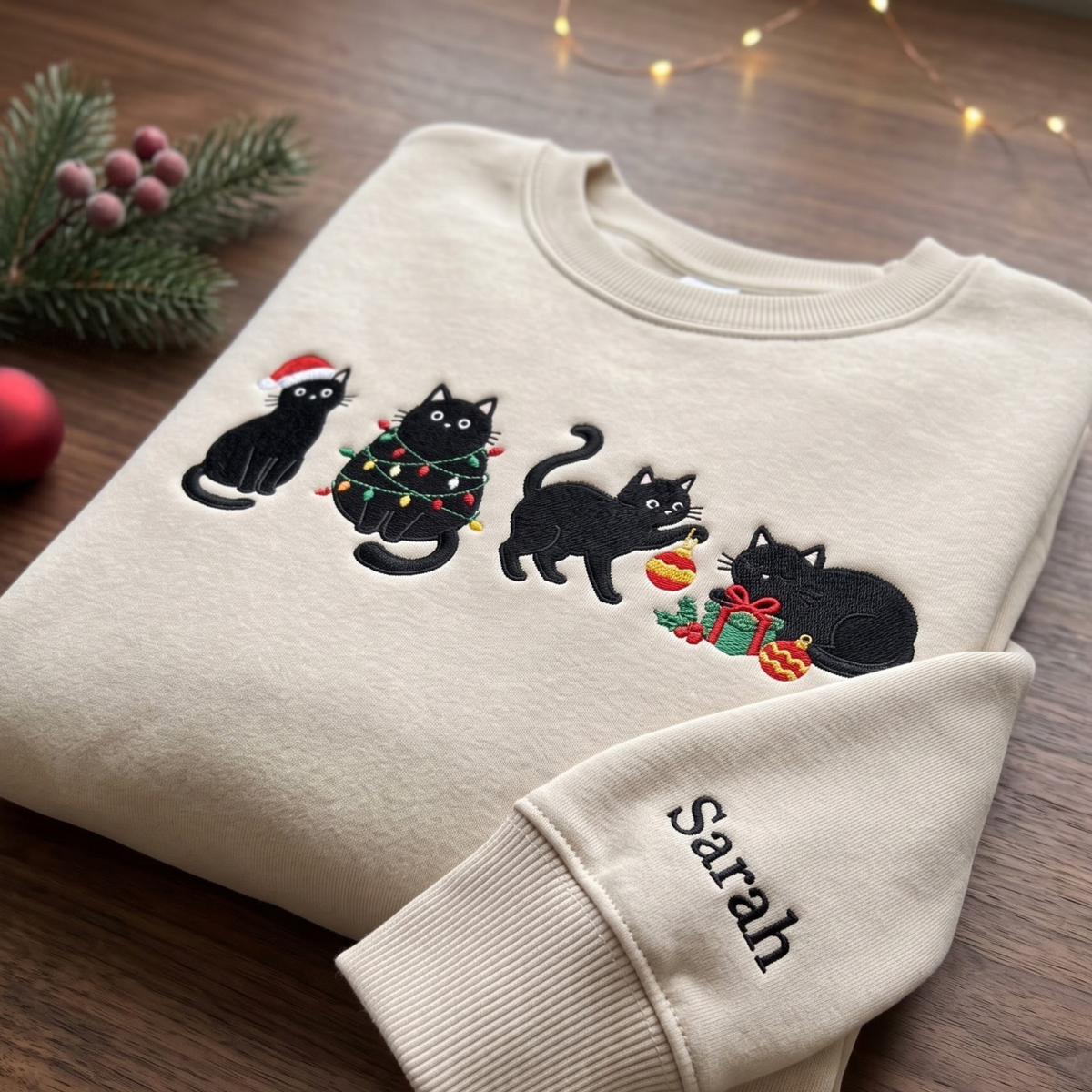 Personalized Christmas Black Cats Santa Hat Lights Ornaments embroidered sweatshirt — front view