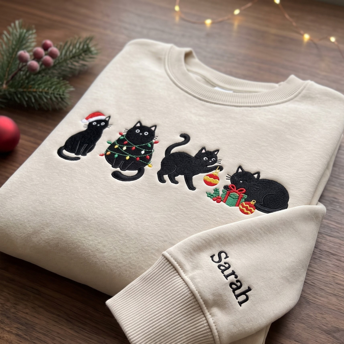 Personalized Christmas Black Cats Santa Hat Lights Ornaments Embroidered Sweatshirt