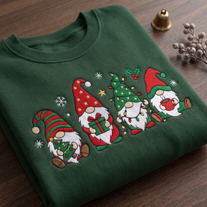 Christmas Gnomes Four Holiday Lights Gift Hot Cocoa Tree Embroidered Sweatshirt