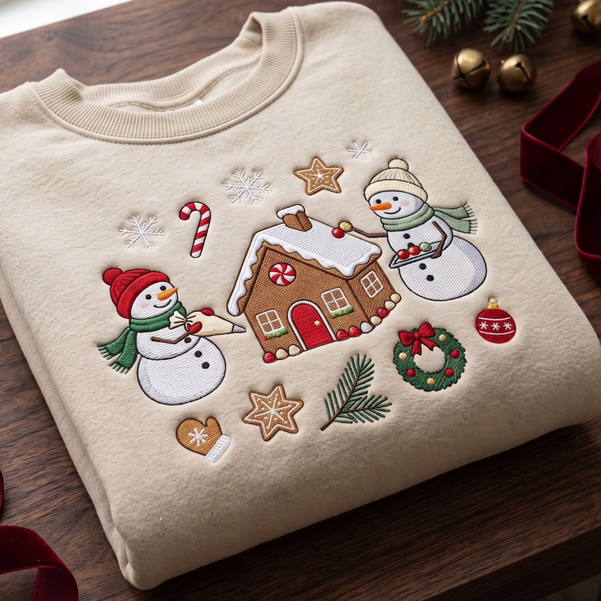 Christmas Snowman Gingerbread House Candy Cane Wreath Snowflakes Holiday embroidered sweatshirt — front view