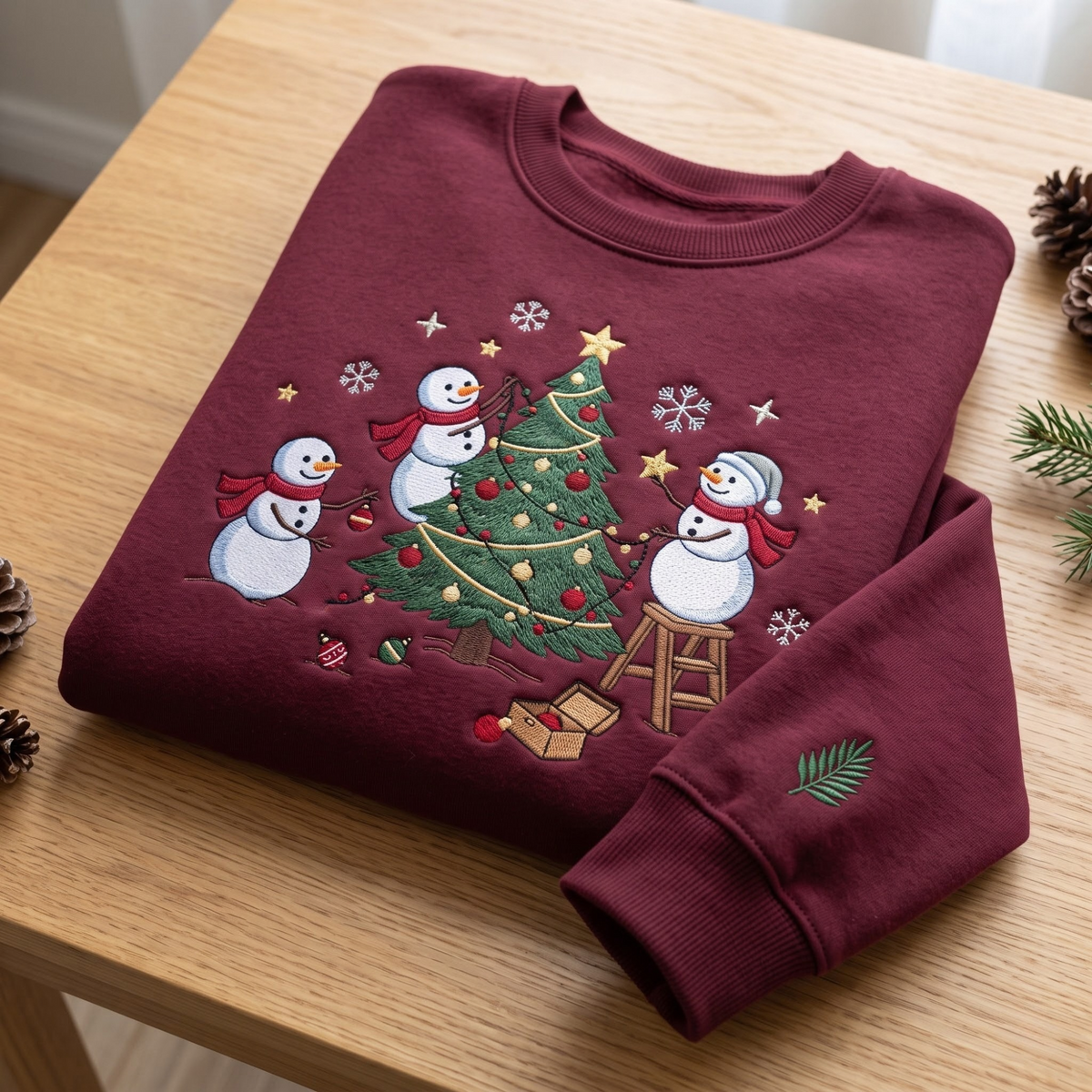 Christmas Snowmen Decorating Tree Stars Snowflakes Holiday embroidered sweatshirt — front view