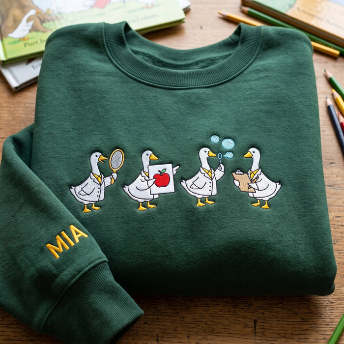 Personalized Funny Geese Science Teacher Lab Coat Apple Clipboard Embroidered Sweatshirt