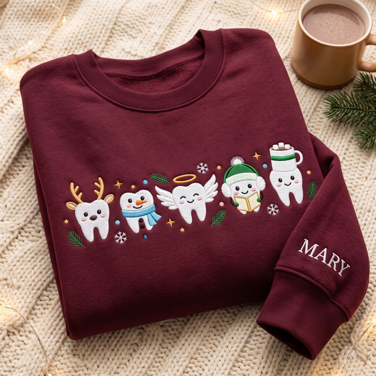 Personalized Christmas Dental Tooth Characters Holiday embroidered sweatshirt — front view