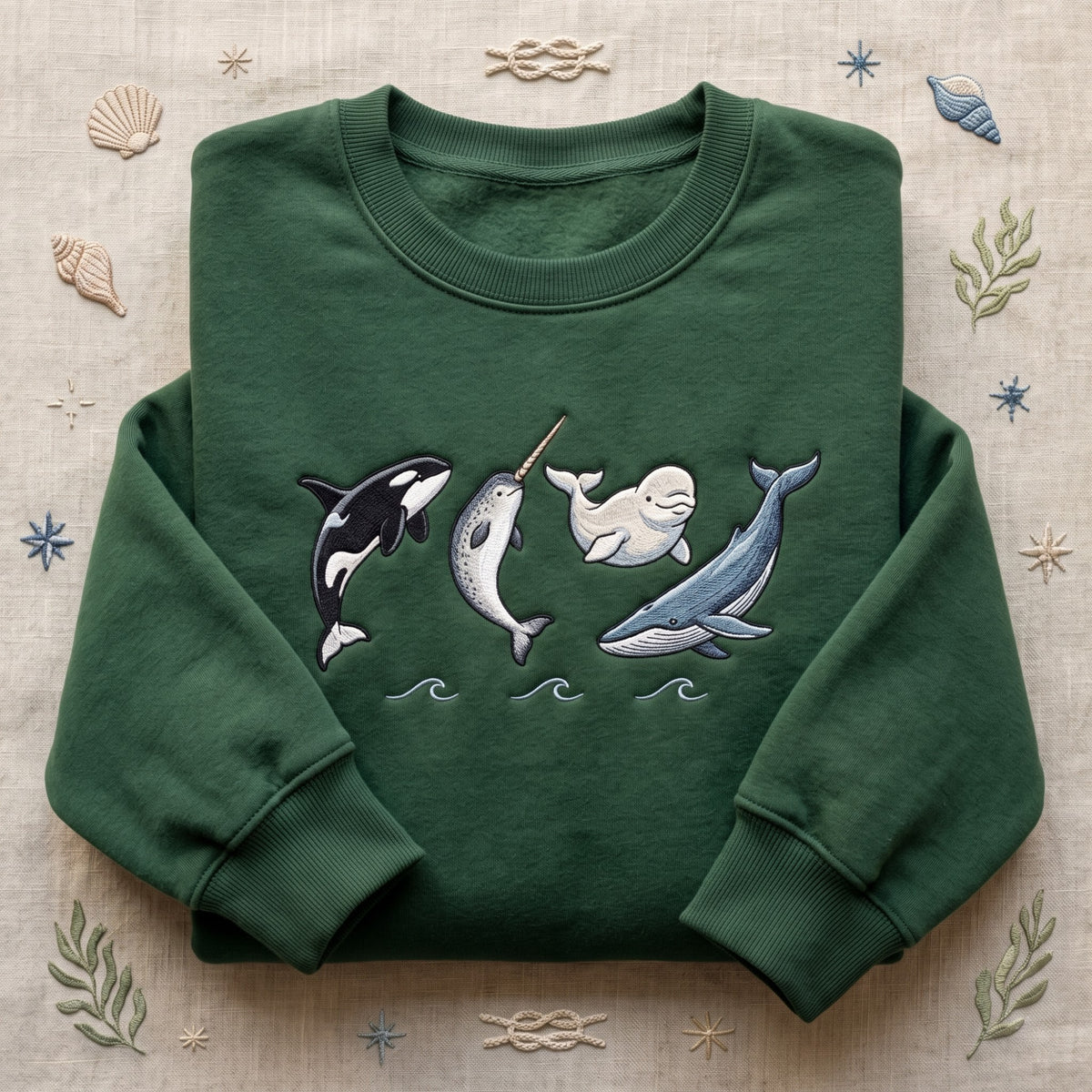 Ocean Whales Orca Narwhal Beluga Humpback Wave embroidered sweatshirt — front view