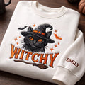 Personalized Witchy Black Cat Witch Hat Bats Broomstick Halloween embroidered sweatshirt — front view