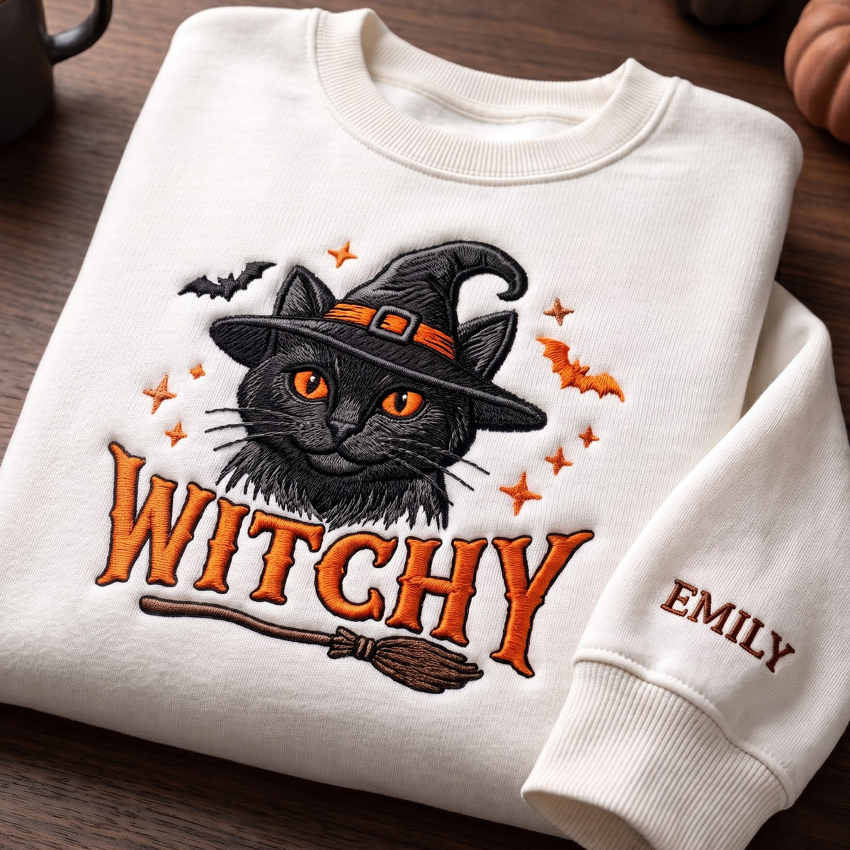 Personalized Witchy Black Cat Witch Hat Bats Broomstick Halloween embroidered sweatshirt — front view