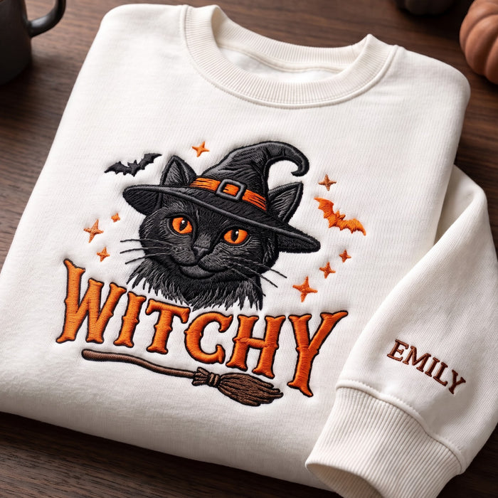 Personalized Witchy Black Cat Witch Hat Bats Broomstick Halloween Embroidered Sweatshirt