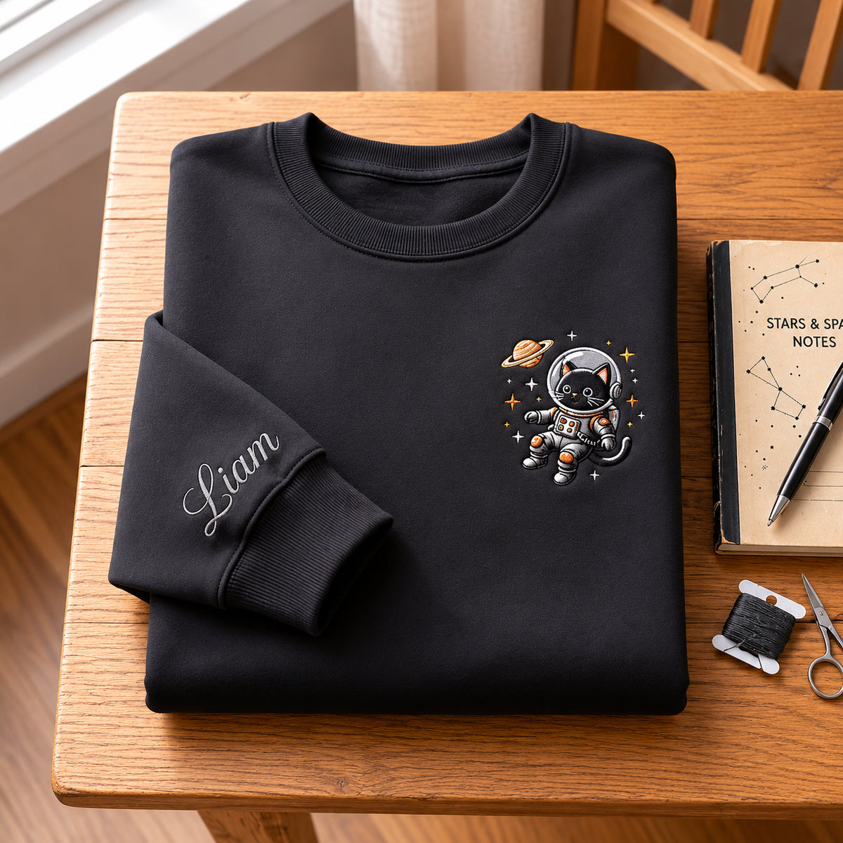 Personalized Astronaut Black Cat Space Stars Saturn embroidered sweatshirt — front view