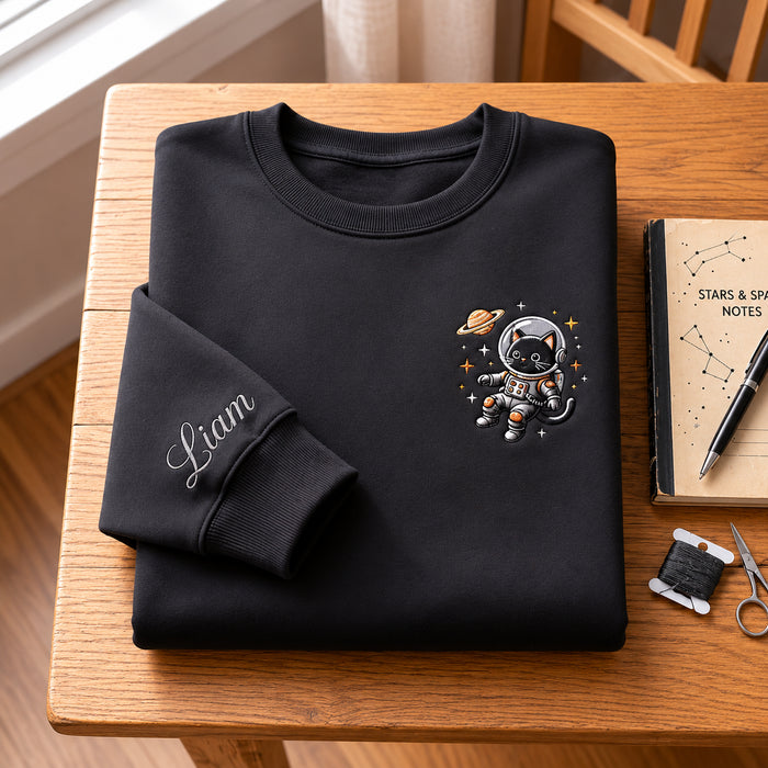 Personalized Astronaut Black Cat Space Stars Saturn Embroidered Sweatshirt