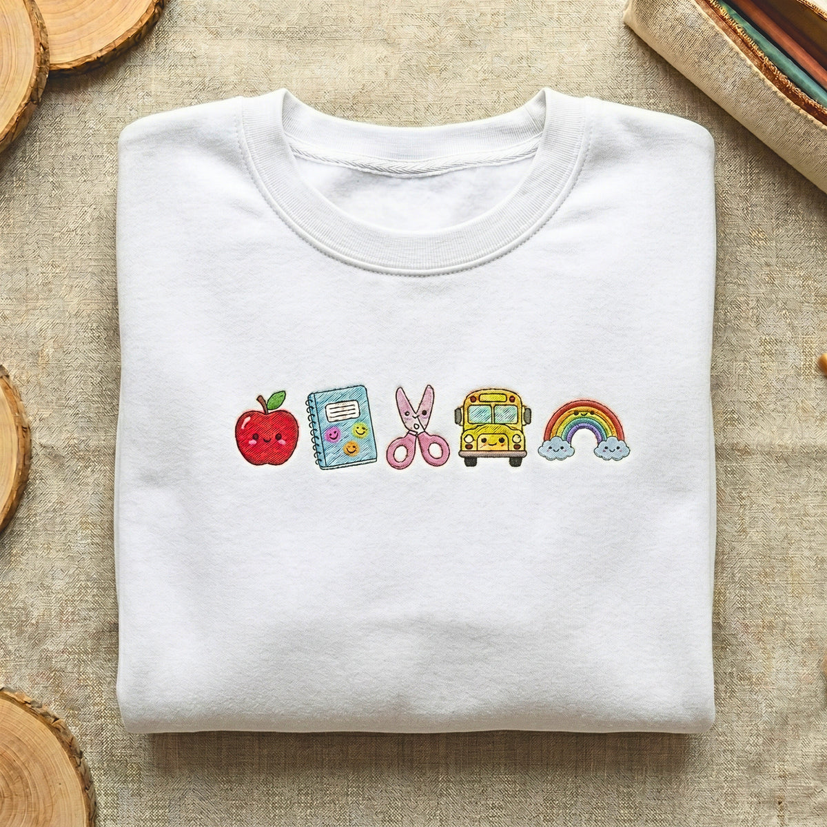 To School Apple Notebook Scissors School Bus Rainbow Kawaii embroidered sweatshirt — front view
