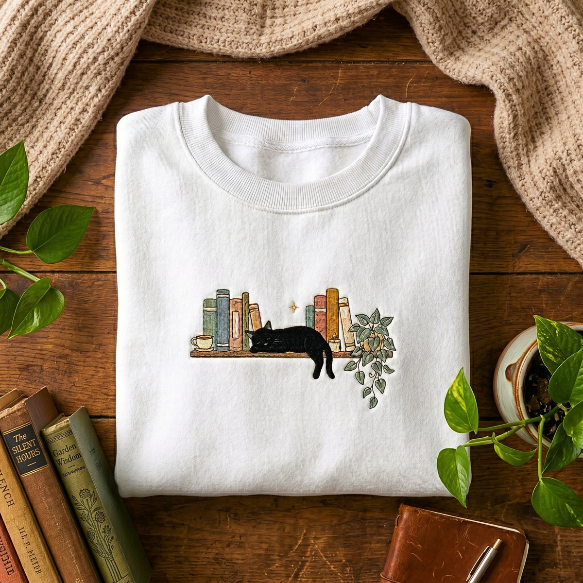 Black Cat Sleeping on Bookshelf Houseplant Coffee Cup embroidered sweatshirt — front view