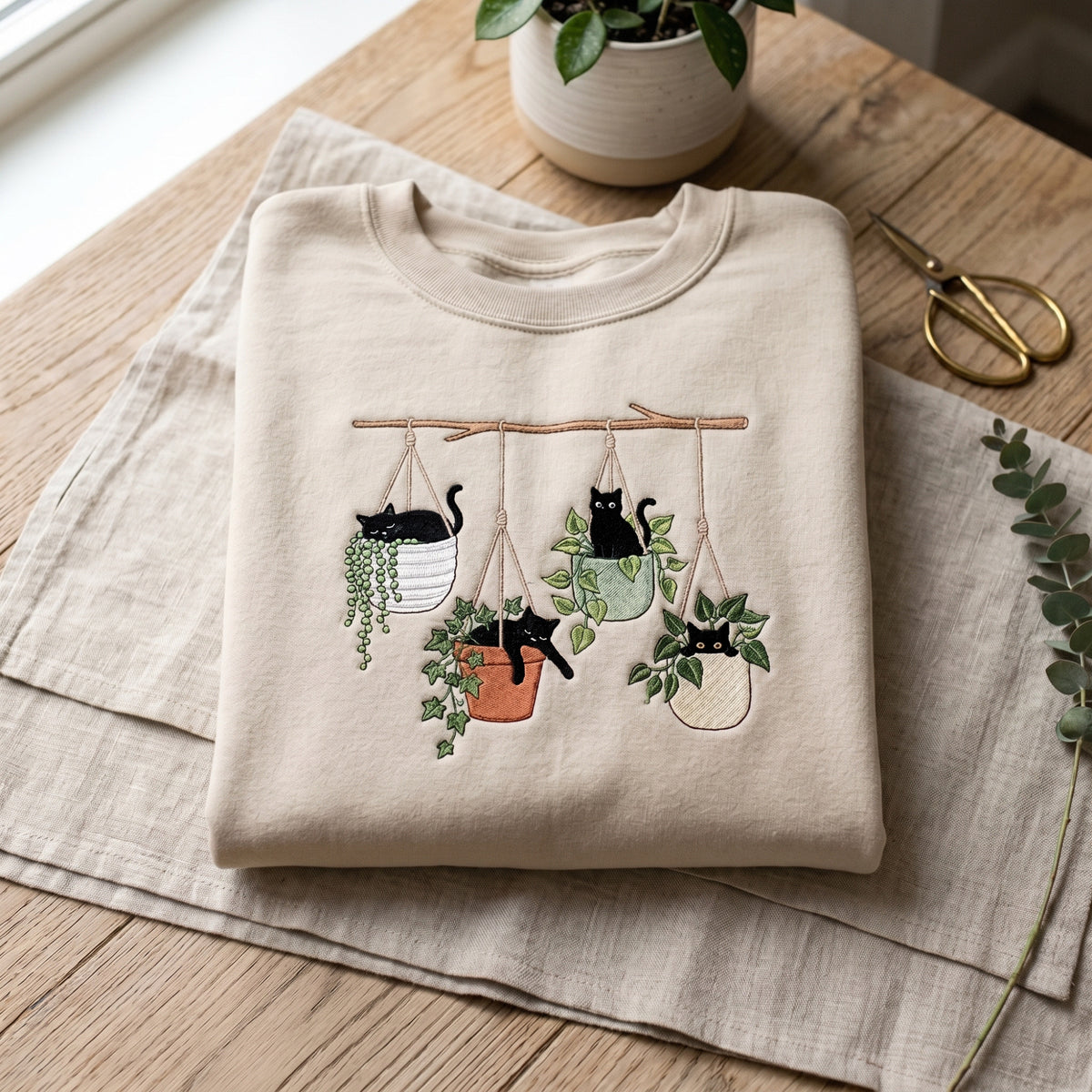 Black Cats Hanging Plant Pots Botanical Cat Lover embroidered sweatshirt — front view