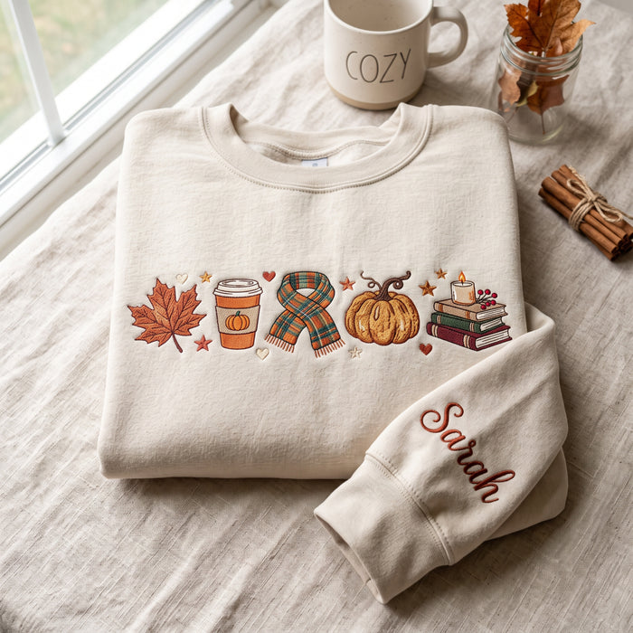 Personalized Cozy Fall Autumn Maple Leaf Pumpkin Latte Scarf Books Candle Sleeve Name Embroidered Sweatshirt