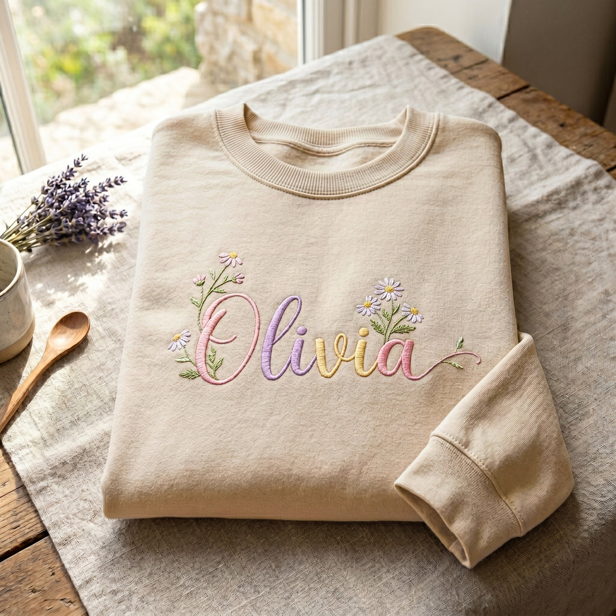 Personalized Custom Name Wildflower Daisy Floral Script embroidered sweatshirt — front view