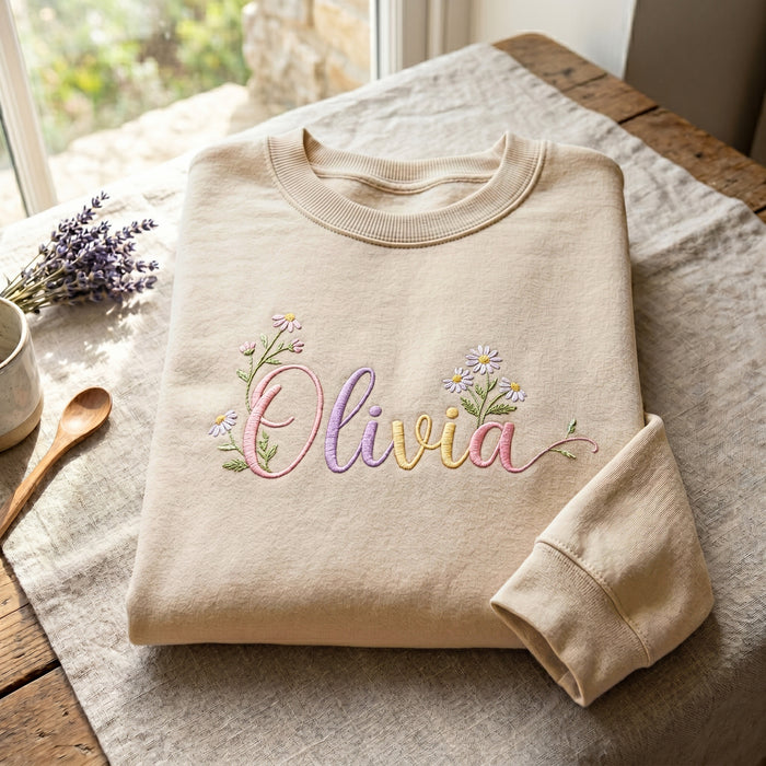 Personalized Custom Name Wildflower Daisy Floral Script Embroidered Sweatshirt