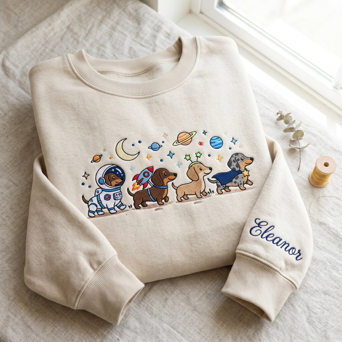 Personalized Space Dachshund Astronaut Rocket Superhero Moon Planets embroidered sweatshirt — front view