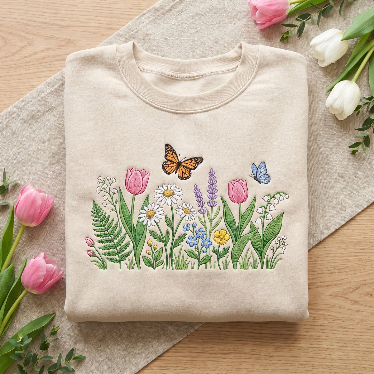 Spring Wildflower Garden Tulip Daisy Lavender Butterfly Botanical embroidered sweatshirt — front view