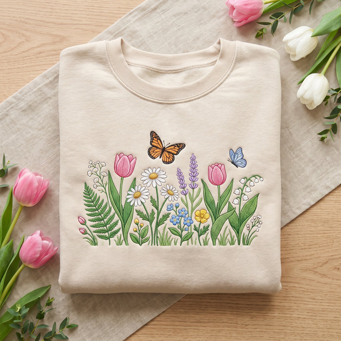 Spring Wildflower Garden Tulip Daisy Lavender Butterfly Botanical Embroidered Sweatshirt