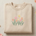 Spring Tulip Garden Butterfly Floral embroidered sweatshirt — front view