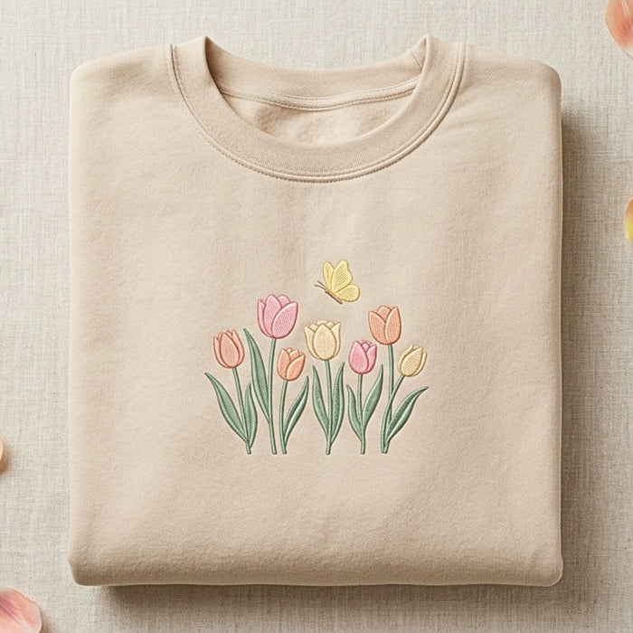 Spring Tulip Garden Butterfly Floral Embroidered Sweatshirt
