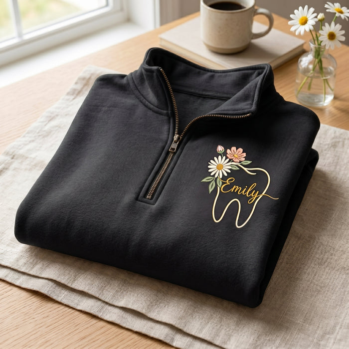Personalized Dental Hygienist Floral Tooth Embroidered Quarter-Zip
