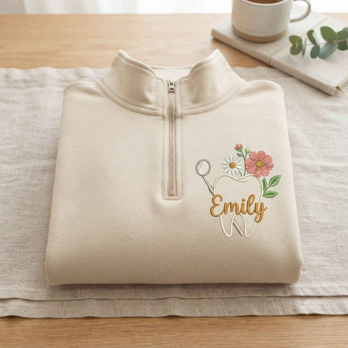 Personalized Dental Hygienist Floral Tooth Mirror embroidered quarter-zip — front view