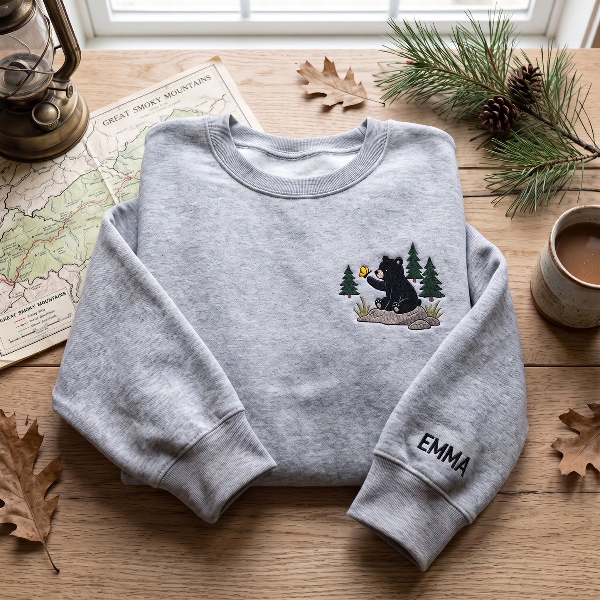 Personalized Black Bear Butterfly Pine Trees Forest Scene Left Chest embroidered sweatshirt — front view
