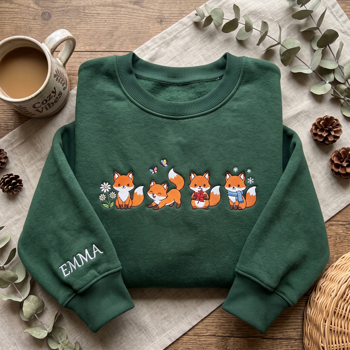 Personalized Four Seasons Fox Cute Cartoon Sleeve Name embroidered sweatshirt — front view