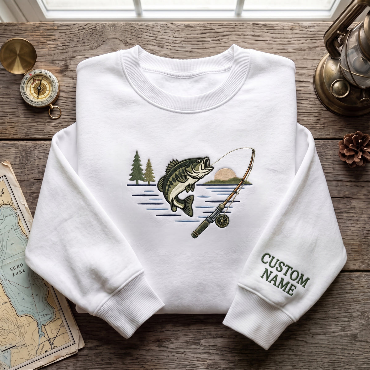 Personalized Bass Fishing Rod Lake Pine Trees Scene embroidered sweatshirt — front view