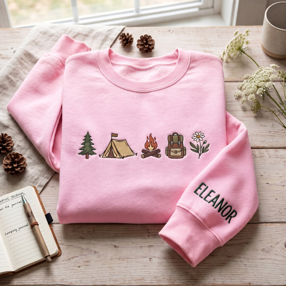 Personalized Camping Pine Tree Tent Campfire Backpack Wildflower embroidered sweatshirt — front view