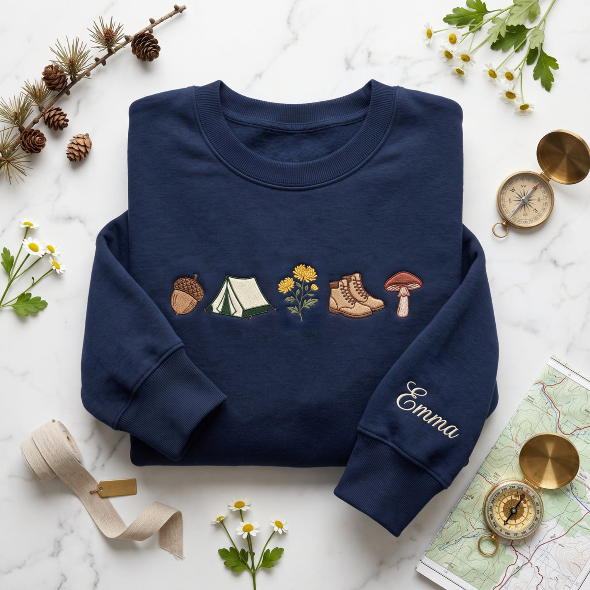 Personalized Camping Nature Acorn Tent Wildflower Hiking Boots Mushroom embroidered sweatshirt — front view