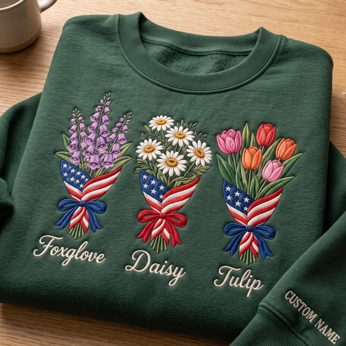 Personalized Patriotic Wildflower Bouquets American Flag Wrap Three Flowers Embroidered Sweatshirt