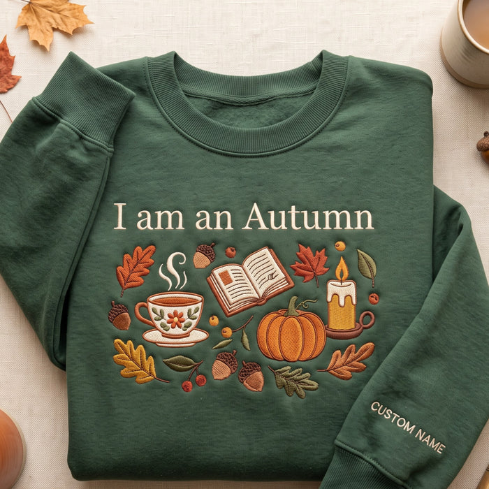 Personalized I Am an Autumn Cozy Fall Tea Cup Book Pumpkin Candle Leaves Embroidered Sweatshirt