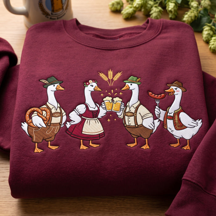Oktoberfest Geese Beer Pretzel Sausage Bavarian Dirndl Lederhosen Embroidered Sweatshirt