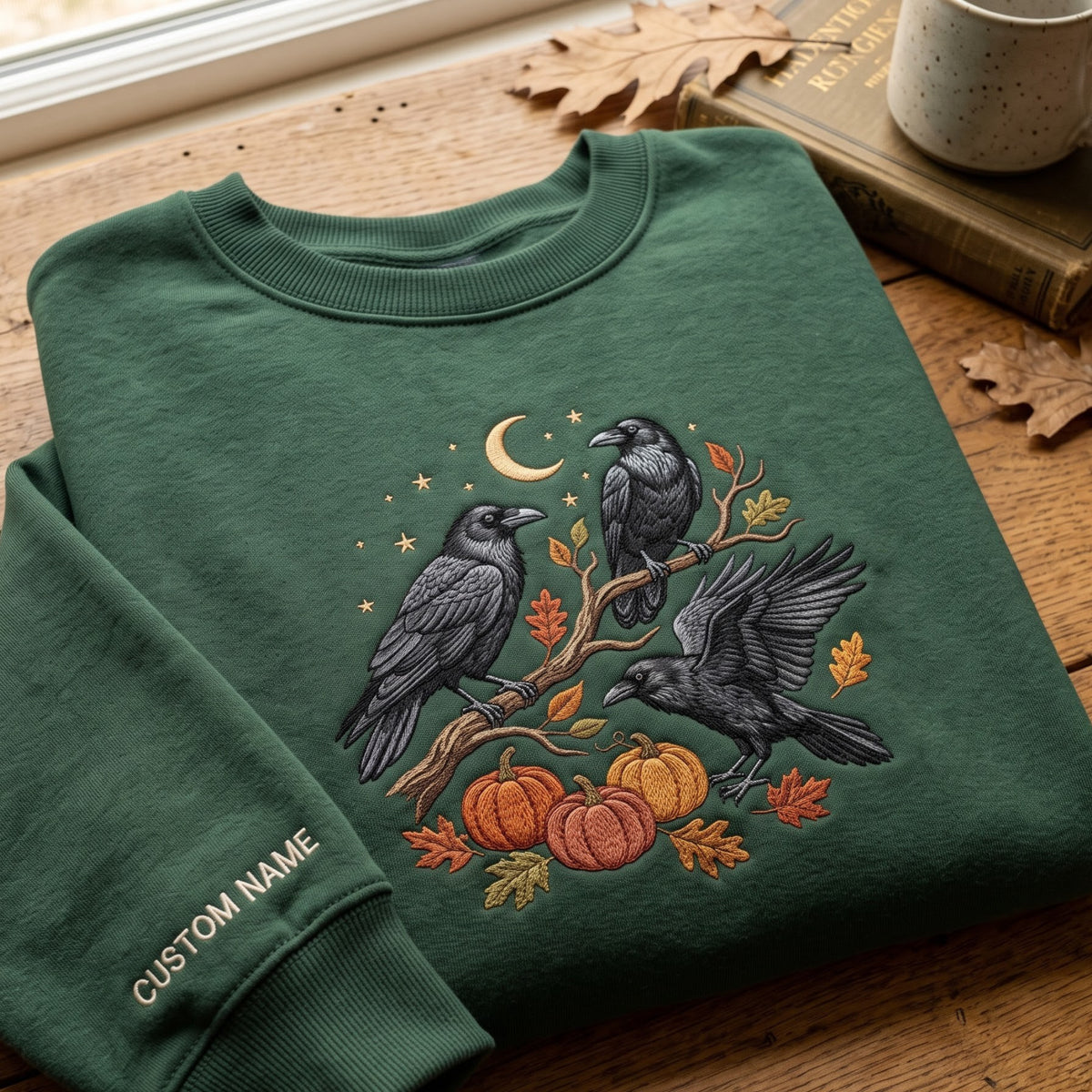 Personalized Three Ravens Autumn Pumpkins Moon Stars Fall Branches embroidered sweatshirt — front view