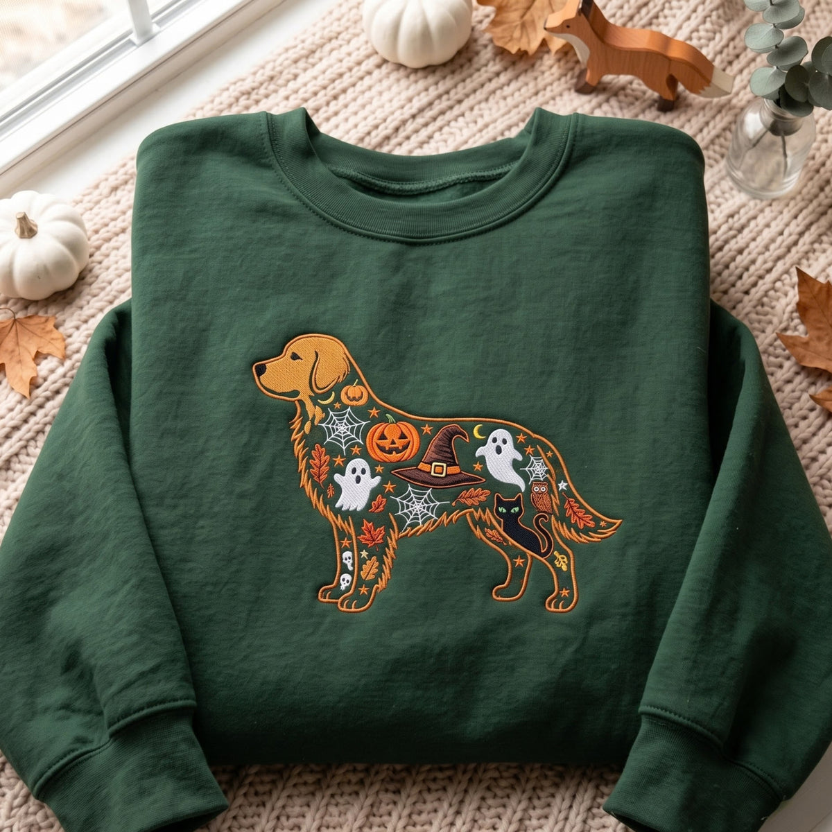 Halloween Golden Retriever Witch Hat Ghost Pumpkin Black Cat Spider Web embroidered sweatshirt — front view