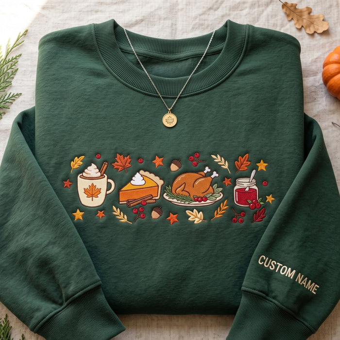 Personalized Thanksgiving Turkey Pumpkin Pie Latte Cranberry Sauce Fall Leaves Embroidered Sweatshirt
