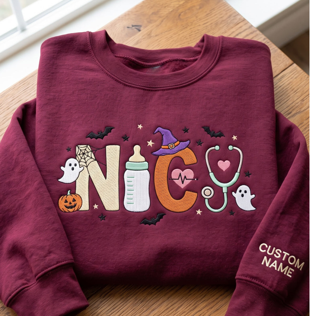 Personalized NICU Nurse Halloween Ghost Pumpkin Bat Witch Hat Stethoscope embroidered sweatshirt — front view