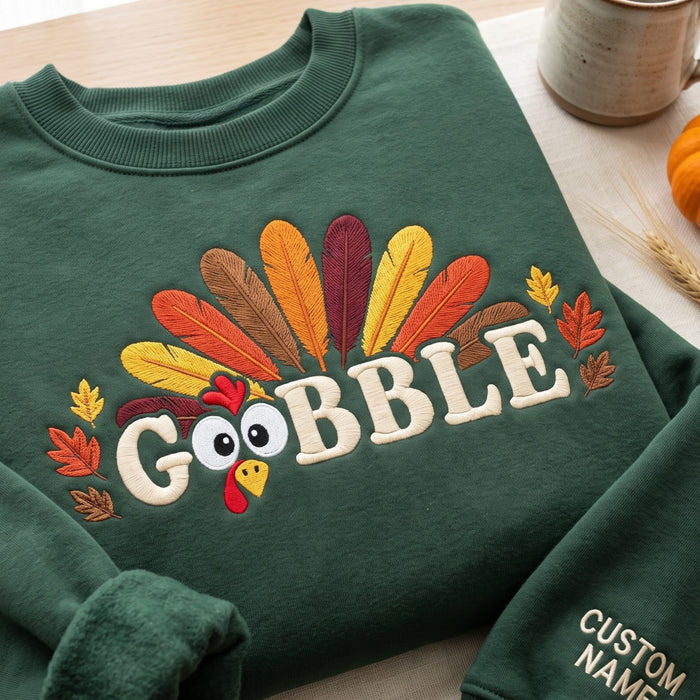 Personalized Thanksgiving Turkey Gobble Fall Leaves Embroidered Sweatshirt