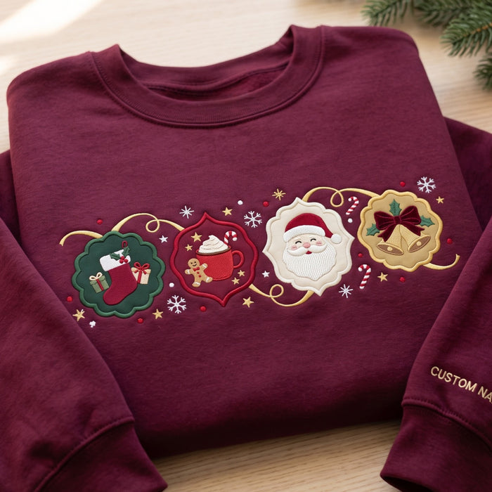 Personalized Christmas Santa Stocking Cocoa Bells Four Ornament Medallions Embroidered Sweatshirt