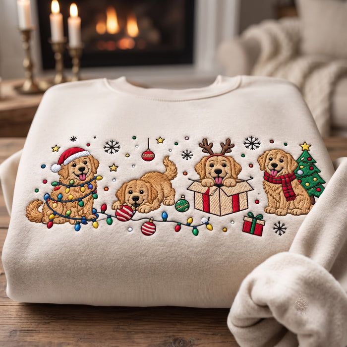 Christmas Golden Retriever Four Scenes Santa Reindeer Lights Tree Embroidered Sweatshirt