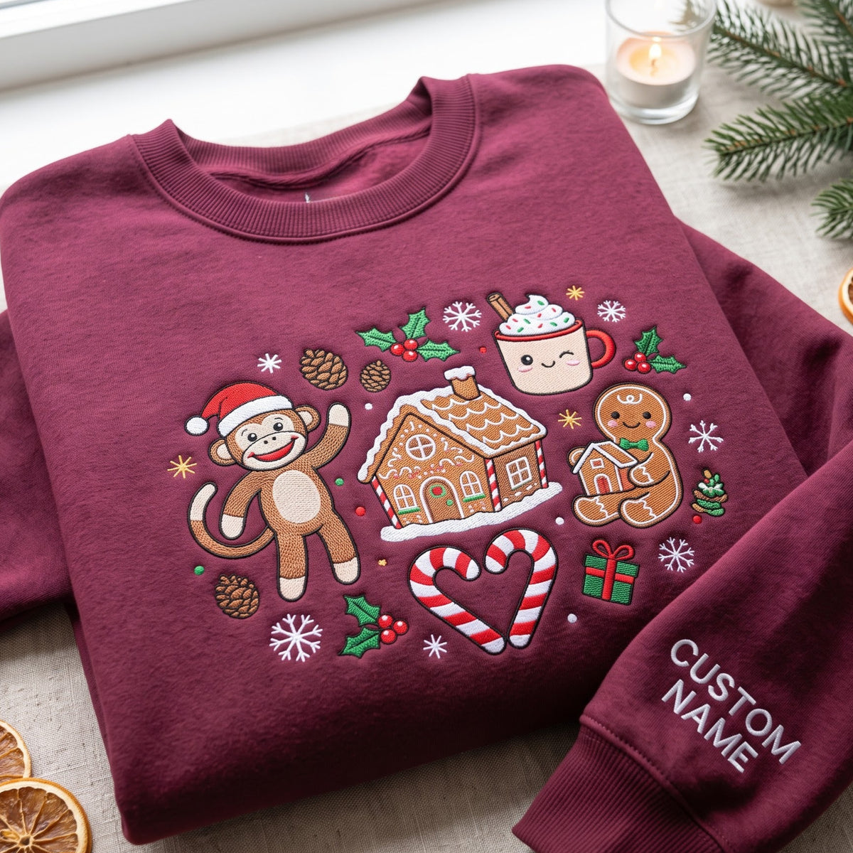Personalized Sock Monkey Christmas Gingerbread House Candy Cane Holiday embroidered sweatshirt — front view