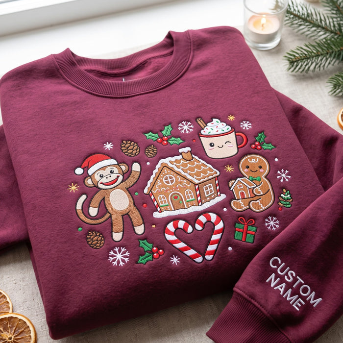 Personalized Sock Monkey Christmas Gingerbread House Candy Cane Holiday Embroidered Sweatshirt